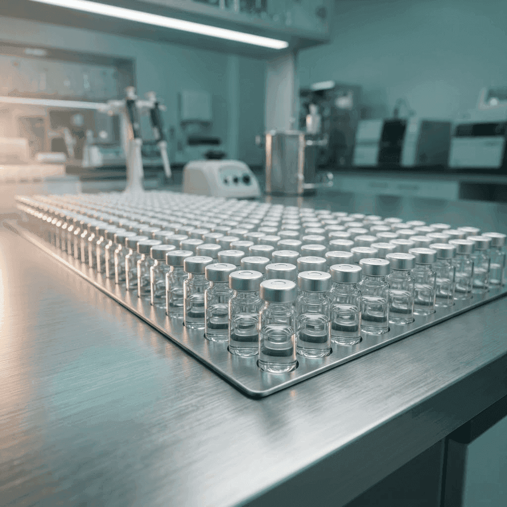 Laboratory vials of lyophilised research peptides on a steel bench
